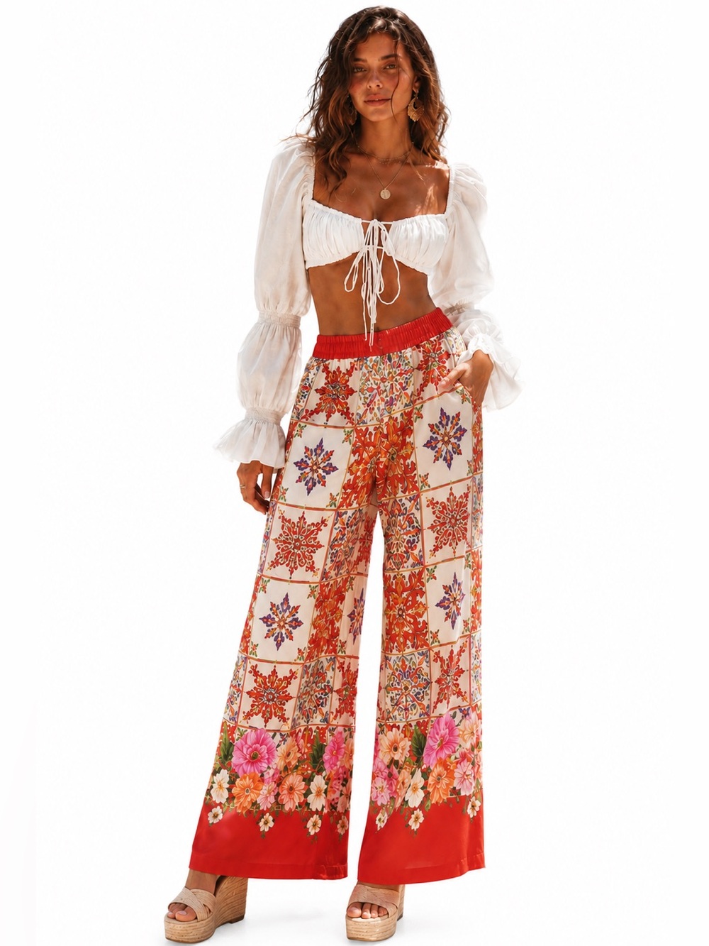 Lulumari Floral Wide Leg Palazzo Pants Resort Boho Elastic Waist Flowy Pull On